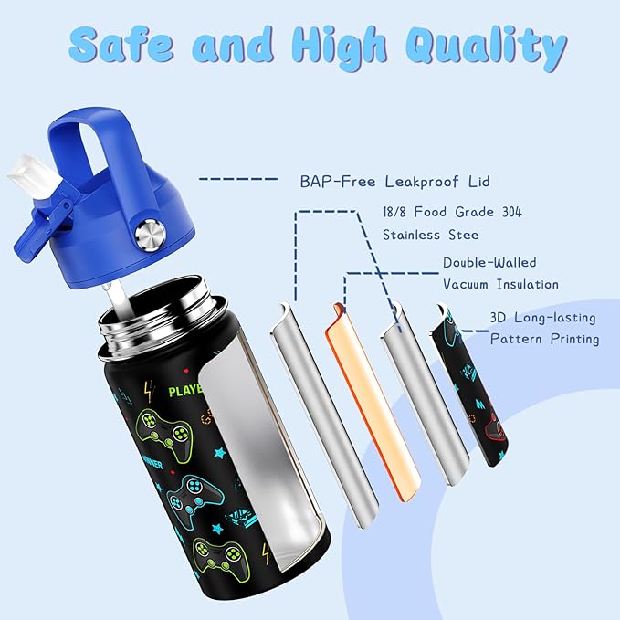 14oz Kids Insulated Water Bottle with Straw Lid - 18/8 Stainless Steel Kid Cup Travel Tumbler Double Wall Vacuum Leak Proof Portable Toddler Water Bottle (Game Blue+Red）