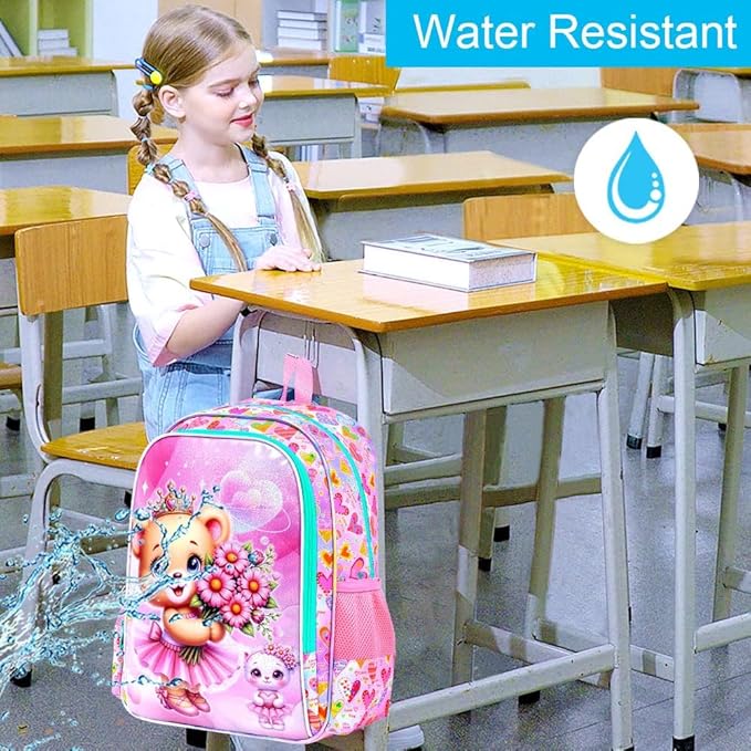 CCJPX 16" Bear Backpack for Girls, 3Pcs Kids Bookbag with Lunch Box, Water Resistant Elementary School Bag for Kindergarten Preschool Toddler (Pink)