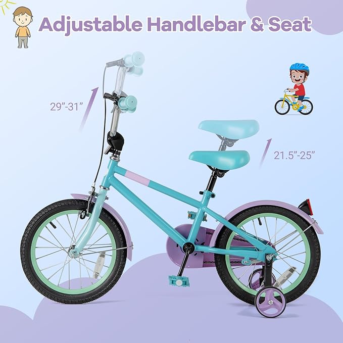 BABY JOY Colorful Macarons Kids Bike, 12 14 16 18 Inch Sporty Children's Bicycle with Training Wheels, Adjustable Handlebar & Saddle, Handbrake & Coaster Brake, Boys Girls Bike for 3-8 Years Old