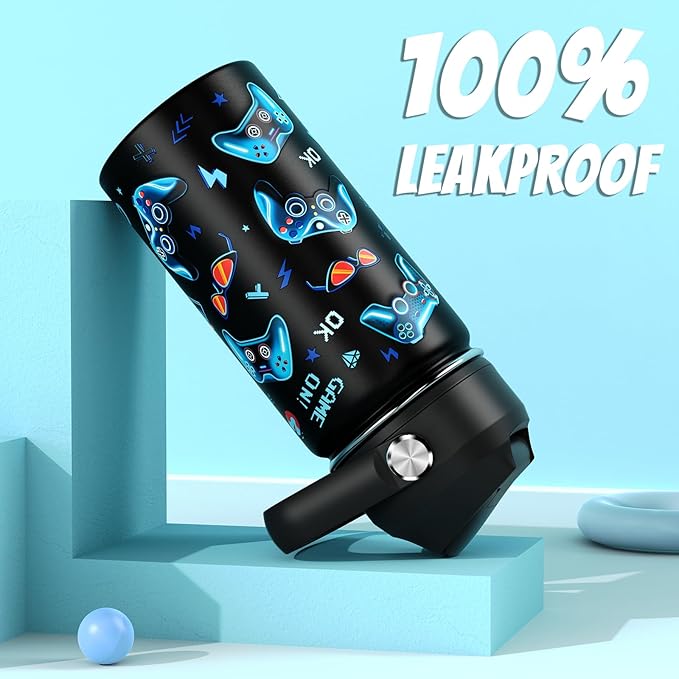 14oz Kids Insulated Water Bottle with Straw Lid - 18/8 Stainless Steel Kid Cup Travel Tumbler Double Wall Vacuum Leak Proof Portable Toddler Water Bottle (Game + Dinosaur)