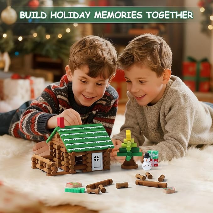 SainSmart Jr. 182Pcs Christmas Wooden Logs Set Building House Toy for Toddlers, Classical STEM Construction Kit Compatible with Lincoln Logs for 3+ Kids