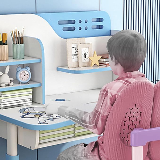 2Pcs/Set Kids Study Desk and Chair Set, Multi Functional Height Adjustable Children School Study Desk with Astronaut Pattern, Ergonomic Desk Chair with Large Writing Board, Bookshelf and Drawer (Blue)