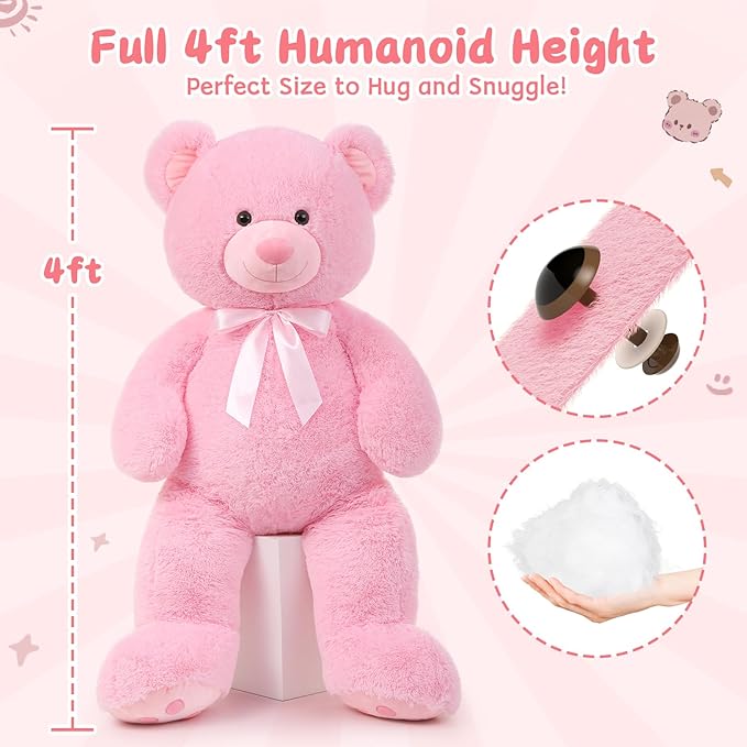 MorisMos 47inch Giant Teddy Bear Stuffed Animal 4ft, Big Teddy Bear Plush for Baby Shower, Cuddly Large Stuffed Bear Gifts for Kids, Girls, Girlfriend, Women on Valentine, Christmas, Birthday（Pink）