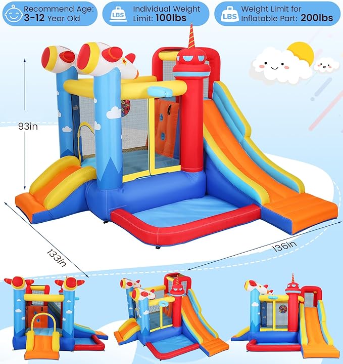 Inflatable Bounce House Water Slide, 7-in-1 Bouncy Castle Combo Water Pool & Bouncing Area & Slides & Basketball Game & Dart Game, Jump House for Kids Aged 3-10 w/Storage Bag, Orange