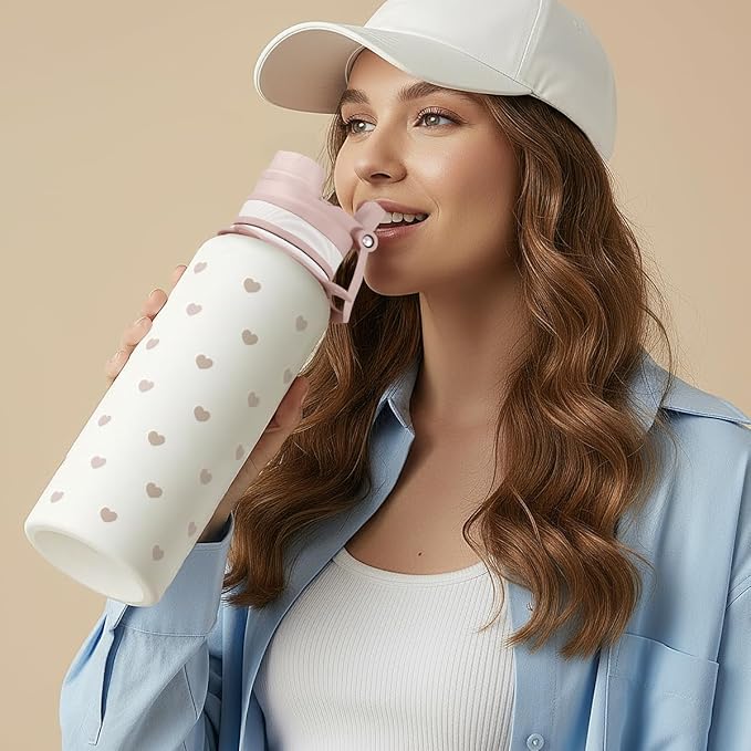 SANDJEST Beige Heart Stainless Steel Water Bottle with Strap 32oz, Insulated Bottles with Straw and Spout Lid for Gym Sports Travel Outdoor, Gifts for Women Girls Birthday Christmas