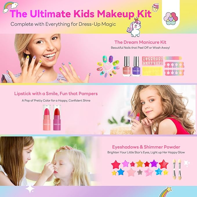 SAVILAND Kids Makeup Kit 32 Pcs: Toxic-Free Washable Makeup For Kids 5-12 Portable Real Toddler Kit with Eyeshadow Lip Gloss Cosmetic Case Birthday Christmas Gifts for Girls