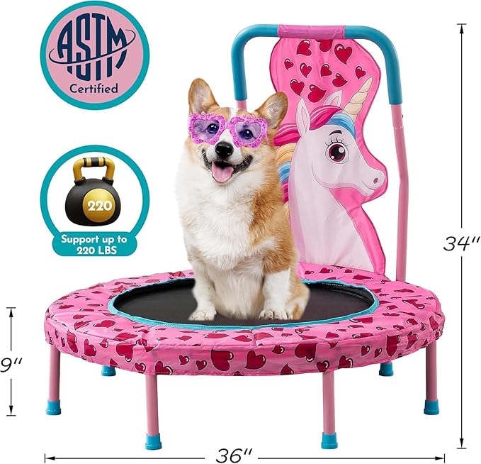 36 Inch Toddler Trampoline with Handle, Outdoor Indoor Trampoline for Kids, Mini Trampolines with Handlebar, Gifts for Boys and Girl, Small Kid Baby Trampolines