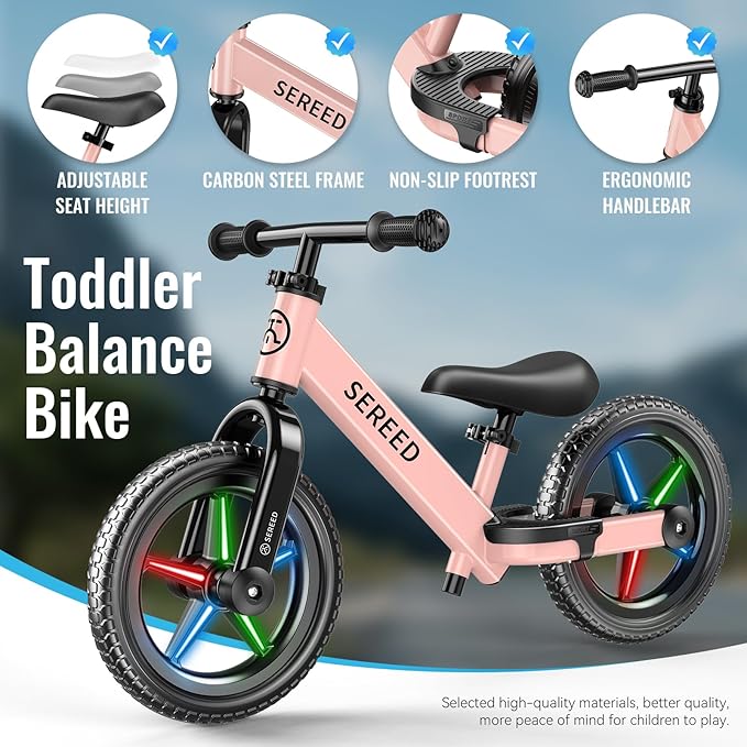 SEREED Toddler Balance Bike 2 Year Old, No Pedal Kids Bicycle Toys for 2-5 Years Old, Tool-Free Adjustment, Customize Plate with Stickers, Gift for 2-3 Boys Girls (Pink Lighting)