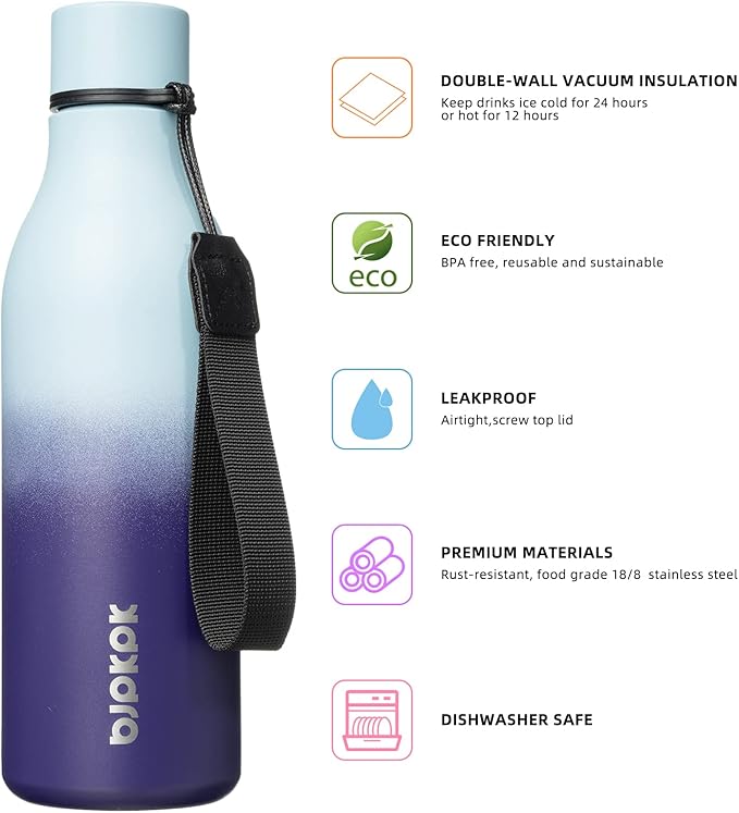 BJPKPK Insulated Water Bottles, 18 oz Stainless Steel Metal Water Bottle with Strap, BPA Free Leak Proof Thermo, Mugs, Flasks, Reusable Water Bottle for Sports & Travel, Ocean Dream