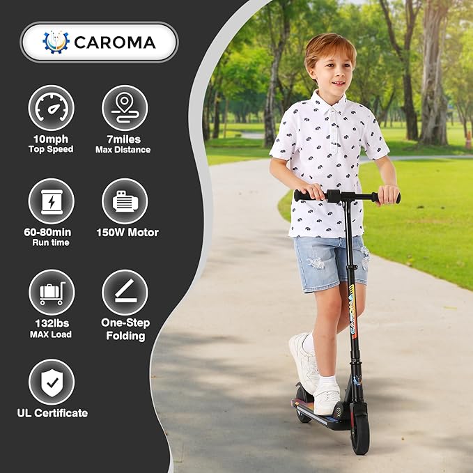 Caroma Electric Scooter for Kids Ages 6-14, 150W/180W Motor,10 MPH Max Speed & 7 Miles,Adjustable Height & Speed,Colorful Lights,LED Display,Foldable Kids Electric Scooter 132 Lbs Max Load