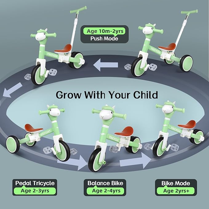 Tricycle for Toddlers 1-3 Year Olds, 5 in 1 Toddler Balance Bike 2-4 Years Old Boys Girls, Push Trike Toys with Adjustable Handle, Birthday Gifts for 2 3 4 5 Year Old Kids Bike (Green)