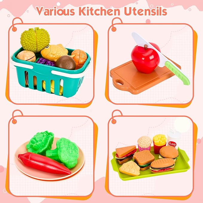 200Pcs Mini Play Kitchen Accessories for Kids, Pretend Cooking Playset with Cookware, Tableware & 2 Fruit Sets, Learning Gift for Girls, Boys, Toddlers, Pink