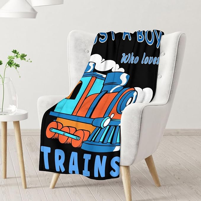 Train Blanket for Boys - Plush Fluffy Flannel Blankets - 50"x60" Inches Throw Size for Sofa - Black Vintage Train Throws Gift