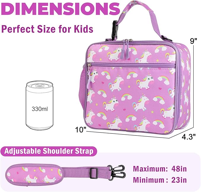 Kids Lunch Box Kids Lunch Bag for Girls Boys, Insulated Lunch Bag for Men with Shoulder Strap, Small Lunchbox for Girls School Travel Picnic (Purple, Unicorn)