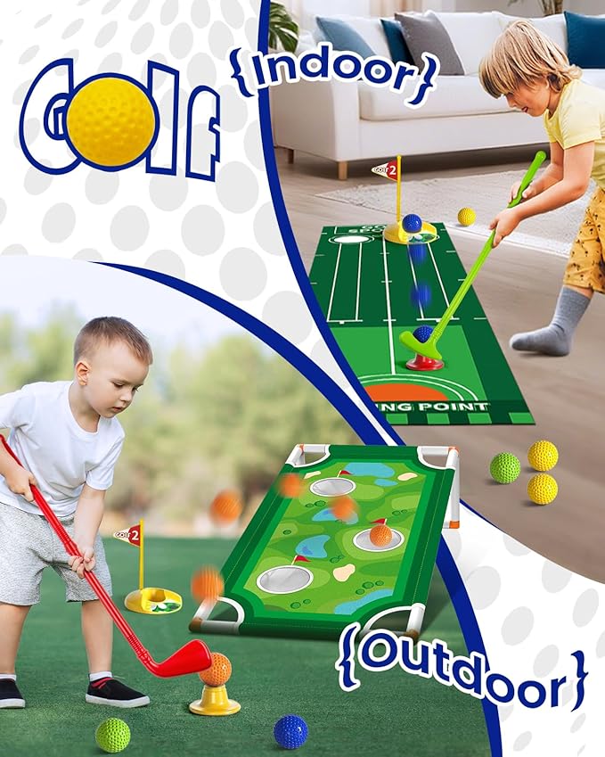 KINGTOP Toddler Golf Set with Putting Mat & Cornhole Board, Kids Golf Clubs 3-5 Years Old with 10 Balls, 4 Clubs, 2 Holes & Cart, Indoor Outdoor Toddler Sports Toys