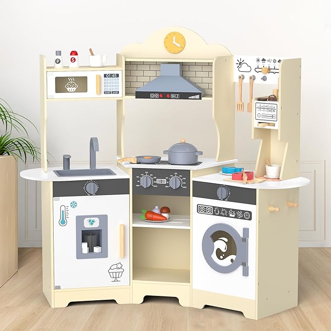 ANPABO Play Kitchen for Kids, Wooden Kids Kitchen Playset for Toddlers with Lights & Sounds, Pretend Play Toys with Coffee & Ice Maker, 30Pcs Toy Kitchen Accessories Gift for Boy&Girl (Yellow)