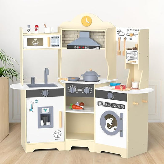 ANPABO Play Kitchen for Kids, Wooden Kids Kitchen Playset for Toddlers with Lights & Sounds, Pretend Play Toys with Coffee & Ice Maker, 30Pcs Toy Kitchen Accessories Gift for Boy&Girl (Yellow)