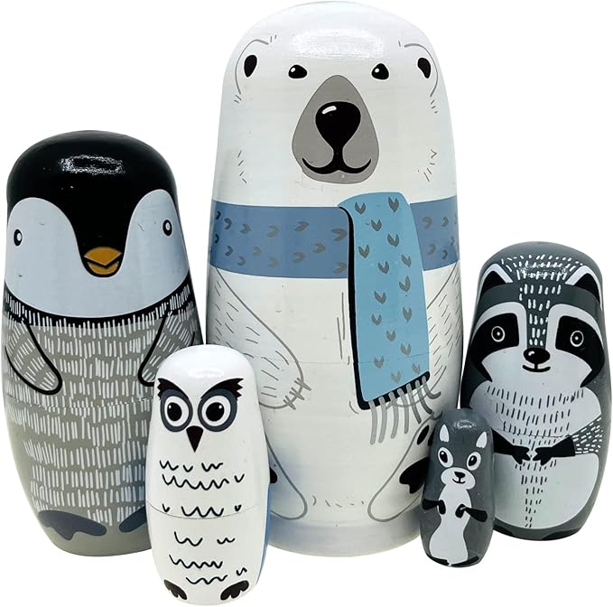 Polar Bear Nesting Dolls - Cute Animal Matryoshka Doll Handmade Wooden Dolls for Children Christmas Birthday Decoration Halloween Wishing Gift,Set of 5