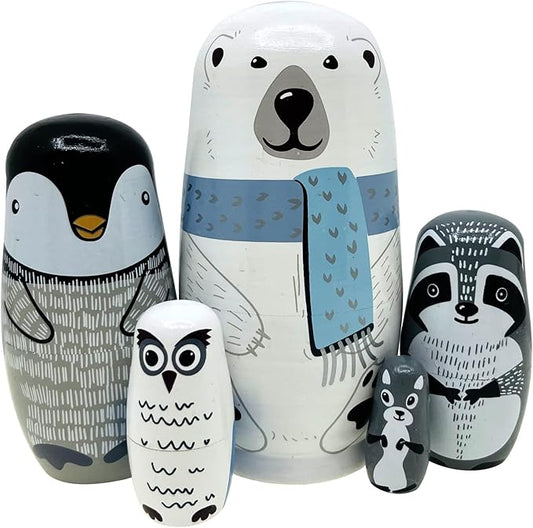 Polar Bear Nesting Dolls - Cute Animal Matryoshka Doll Handmade Wooden Dolls for Children Christmas Birthday Decoration Halloween Wishing Gift,Set of 5
