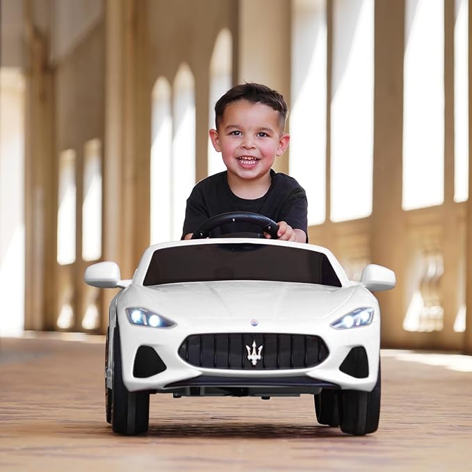 Joywhale 12V Kids Ride on Car Licensed Maserati Battery Powered Electric Vehicle for Ages 3-6, with 2.4G Remote Control, Metal Suspension, Safety Belt, Bright Headlights, Music & FM, White, DP-M02L