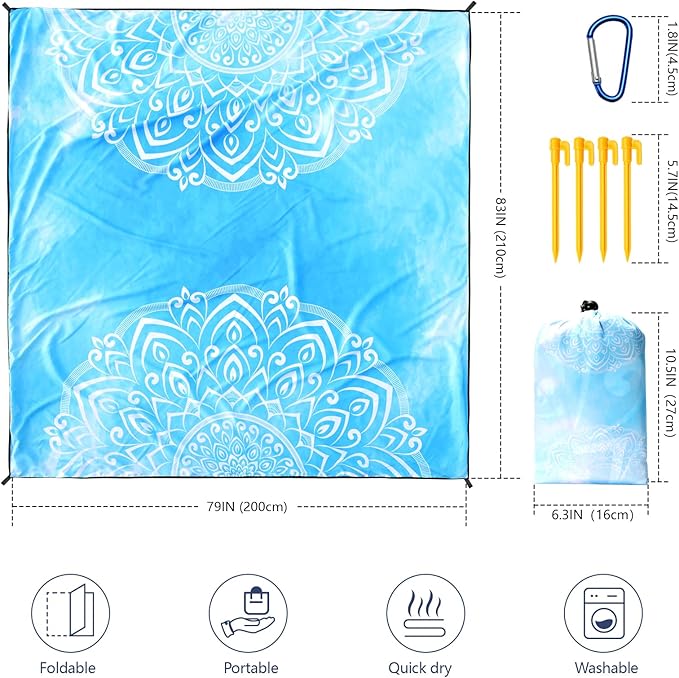 Beach Blanket Waterproof Sandproof Beach Mat 79" X 83"/10'x9'for 2-8 Adults Quick Drying Outdoor Picnic Mat Beach Accessories for Travel, Camping, Hiking