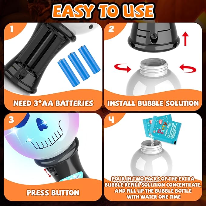 SpringFlower Halloween Toy,Bubble Blower Wand,6.7 Inch Illuminating Bubble Maker with LED Light-Up Effect for Kids,Halloween Bubble Party Favor,Pumpkin & Skull Design, 2 Pack