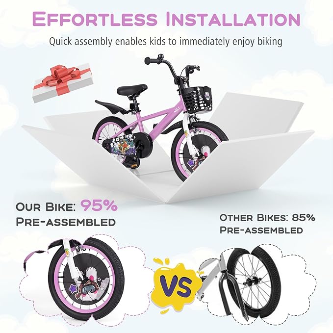 BABY JOY Rabbit Pilot Sporty Kids Bike, 12 14 16 18 Inch Child Bike for 3-8 Years Old with Adjustable Height, Training Wheels, Storage Basket, Handbrake & Coaster Brake, Kids Bicycle for Girls Boys