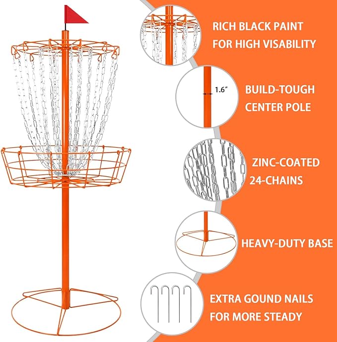 Disc Golf Basket - Portable Disc Golf Target with Heavy Duty 24-Chains Come with 6pcs Disc Golf Discs and Carry Bag, Ground Stake -Suitable for Players of All Levels - Multi Color Available