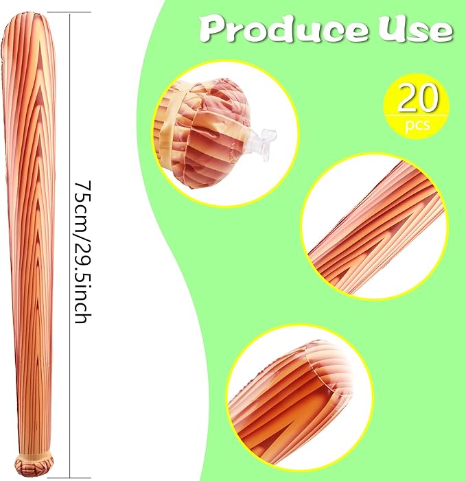 24 Pack 31.5 inch Inflatable Baseball Bat Wood Pattern Blow up Baseball Bat Inflates for Pool Summer Beach Carnival Birthday Baseball Party Favors
