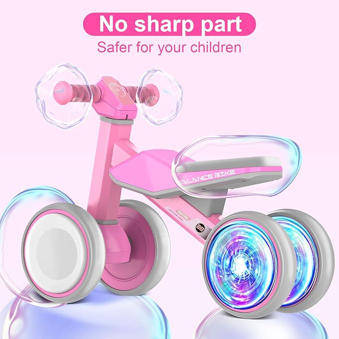 Baby Balance Bike for 1 Year Old Boys and Girls – Toddler First Bike with Colorful Lighting, 4 Wheels Safe Indoor Ride On Toy for 12-24 Months, First Birthday Gift