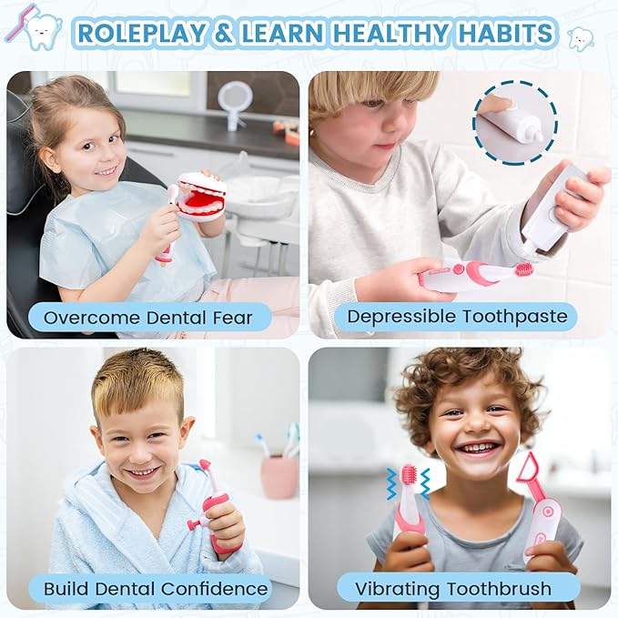 Dentist Play Set for Kids Ages 3-8, 26PCS Realistic Pretend Dental Toy Kit with Teeth Cleaning Tools, Doctor Costume & Learning Guide. STEM Educational Toys, Toddler Medical Kit for Boys & Girls Gifts