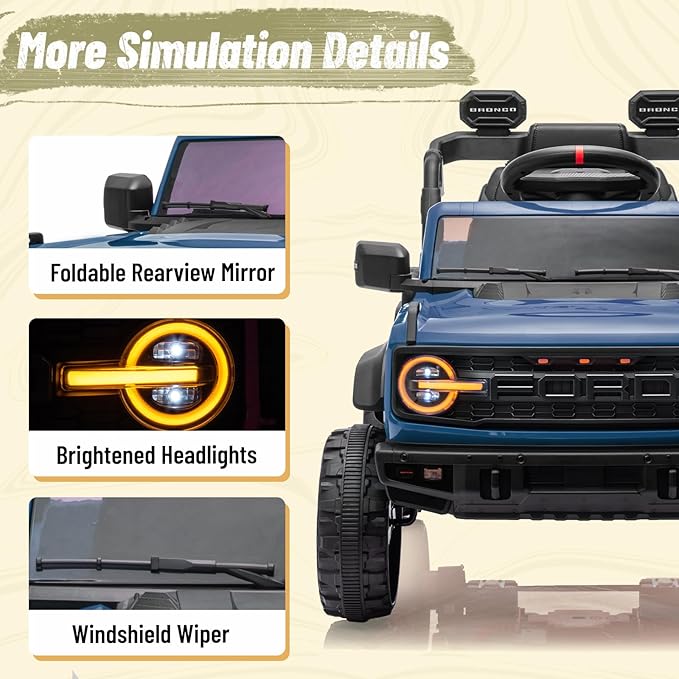 12V Ride on Toy for Kids, Ford Bronco Raptor Kids Electric Car with Parent Remote Control, Battery Powered Truck Car with 4-Wheel Suspension, LED Light, Bluetooth, 3 Speeds (12V, Deepblue)