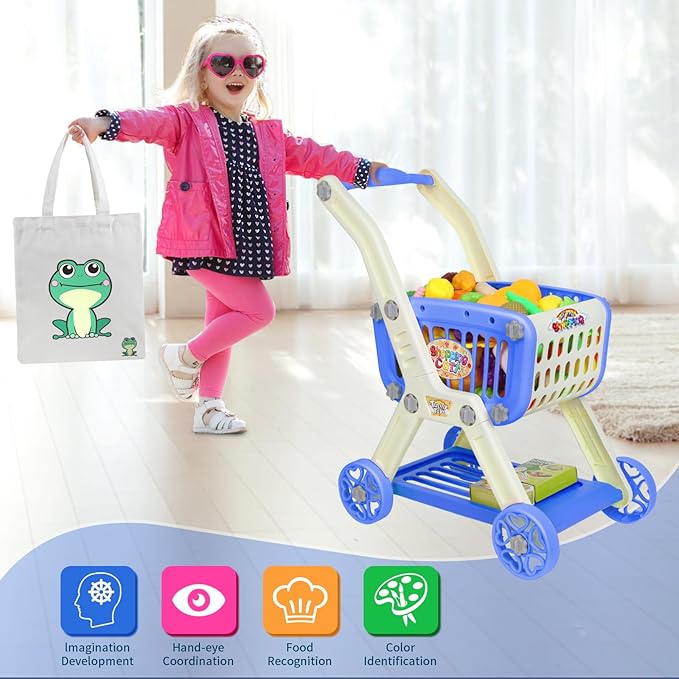 Kids Shopping Cart - 2 in 1 Toy Shopping Cart with Play Food Fruit Vegetable Dessert and Shop Accessories, 72pcs Pretend Play Grocery Store Toy Kitchen Game Trolley Play Set for Kids (Navy Blue)