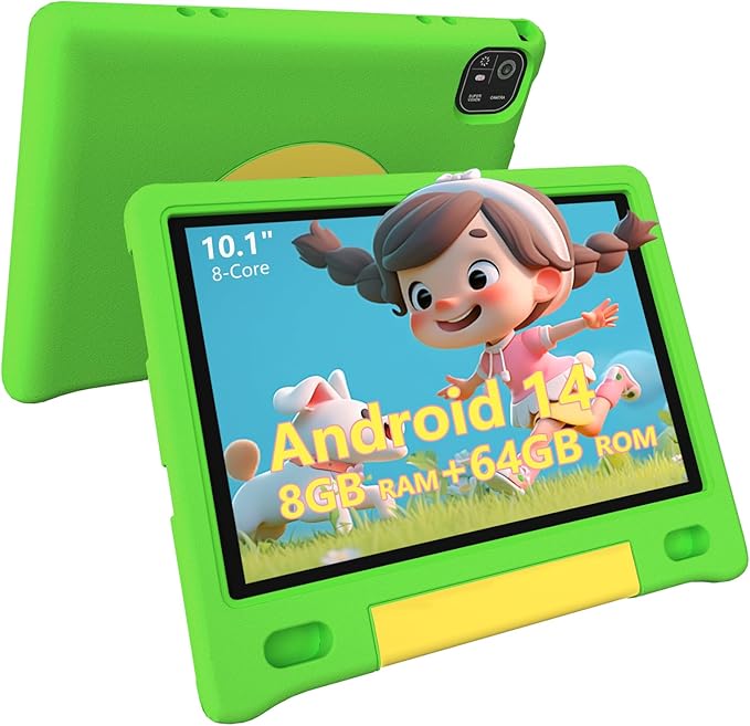 Kids Tablet 10", Android 14, 8GB+64GB (1TB Expandable), Octa-Core, 1280×800 HD Display, Dual Cameras, 12-Hour Battery, Parental Controls, Childs Tablet with Shockproof EVA Case