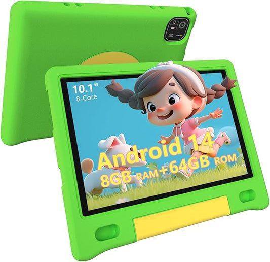 Kids Tablet 10", Android 14, 8GB+64GB (1TB Expandable), Octa-Core, 1280×800 HD Display, Dual Cameras, 12-Hour Battery, Parental Controls, Childs Tablet with Shockproof EVA Case