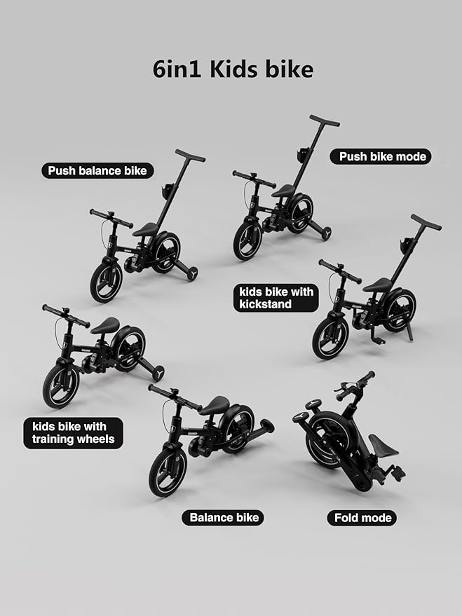 lecoco Upgraded Toddler Bike with Push Handle 6 in 1 for Kids, Balance Bicycle Toys with Training Wheels, Brackes, Cup Holder, Pedal, Kickstand Birthday Gift for Boys and Girls