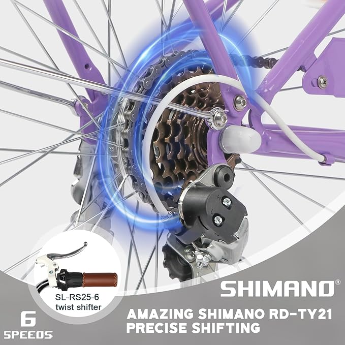 Glerc 20 24 26 Inch Beach Cruiser Bike, 6-Speed Hybrid City Bicycle for Girls Youth and Over 6 Years Old, Missy Bike with Wicker Basket & Lightweight, Multiple Colors