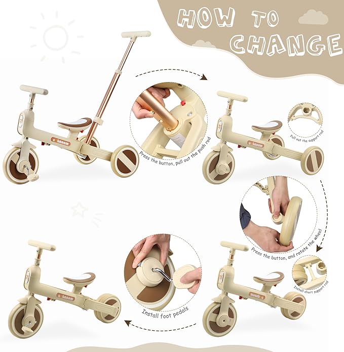 WEEROCK 6 in 1 Foldable Toddler Tricycle Kid Tricycles with/Without Parent Steering Push Handle Boys Girls Balance Bike for 1-6 Years Old Toy Gift, White