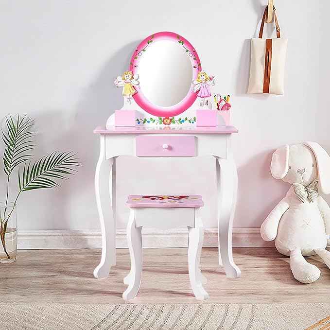Wooden Vanity Set for Kids with Mirror and Stool, Flower & Butterfly-Themed Makeup Dressing Table and Chair for Girls, with Pull-Out Drawer and Jewelry Boxes