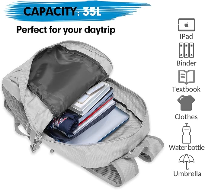 ZOMAKE Lightweight Packable Backpack, 35L Light Foldable Hiking Backpacks Water Resistant Collapsible Daypack for Travel(Sliver Grey)