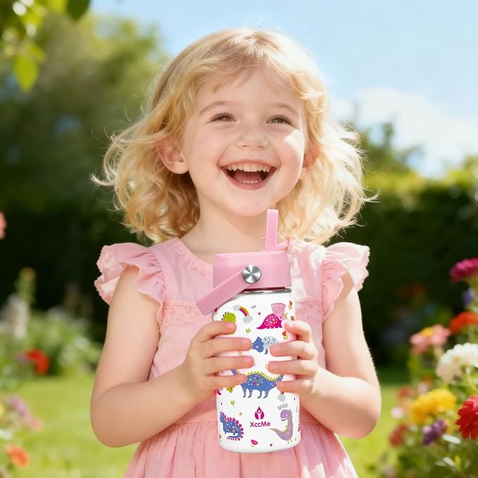 Kids Water Bottle With Straw Lid,2 PACK 14 oz Stainless Steel Travel Bottle,Double Wall Leak Proof Kids Cup,Insulated Tumbler for Toddlers,Metal Bottle for School Boys Girls((Space+Dinosaur)