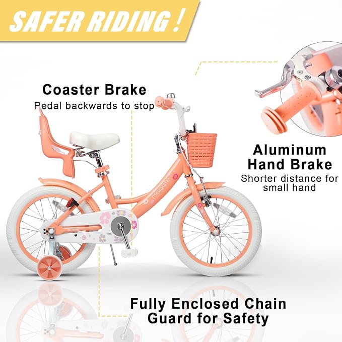 Glerc Maggie Girls Bike, 12-20 Inch Kids Bike for 2-13 Years Old Children, Princess Style Kids Bicycle with Doll-Seat & Basket & Training Wheels, Multiple Colors