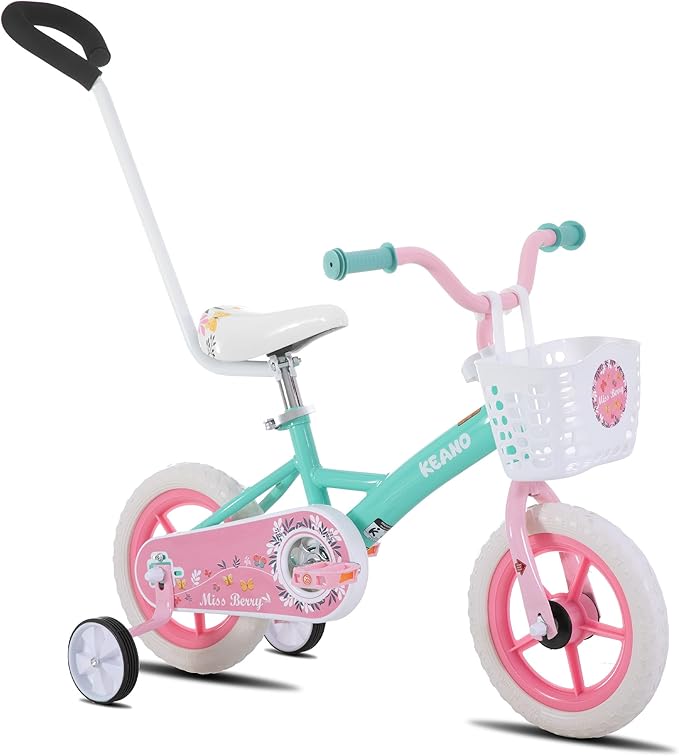 KEANO Voyager 10 12 Inch Kids Bike for Boys and Girls Ages 1-4 Years, Toddler Bike with Training Wheels & Basket, Detachable Parent Push Handle, Children Bicycle