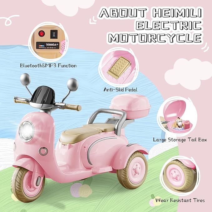 HEIMILI Kids Electric Motorcycle,Electric Scooter for 3 Year Old, Girls Toy, 3-Wheel 12V Ride On Scooter for Kids with Storage Compartments, Motorcycle for Girls (Pink)