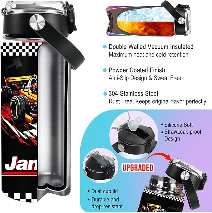 Personalized Kids Water Bottle with Name for School - Custom 18oz Water Bottle with Straw Lid Stainless Steel w/Engraved Names - Personalized Christmas Kids Gifts for Boys Girls (Ball)