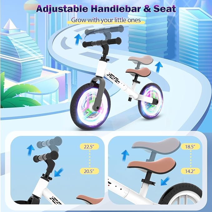Colorful Lighting Balance Bike 2 Year Old, 2-5 Year Old Toddler Balance Bike, No Pedal Bikes with Adjustable Handlebar & Seat, 2 3 4 5 Year Old Boy Girls Birthday Gifts Toys.