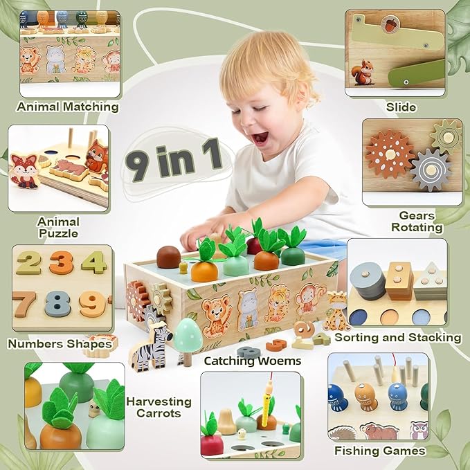 Montessori Wooden Toys for 1+ Year Old, 9 in 1 Montessori Toddler Toy with Preschool Educational Toys for 2+ Year Old, Birthday for Boys Girls