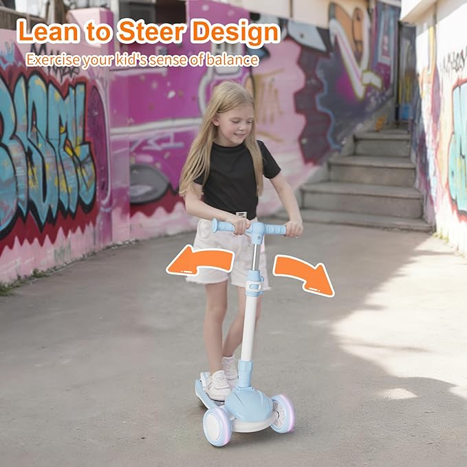 Kick Scooter Kids with LED Lighted Wheels and 3 Adjustable Height, Lean-to-Steer & Widen Anti-Slip Deck, 3 Wheel Scooter for Boys & Girls Up to 110 Lbs
