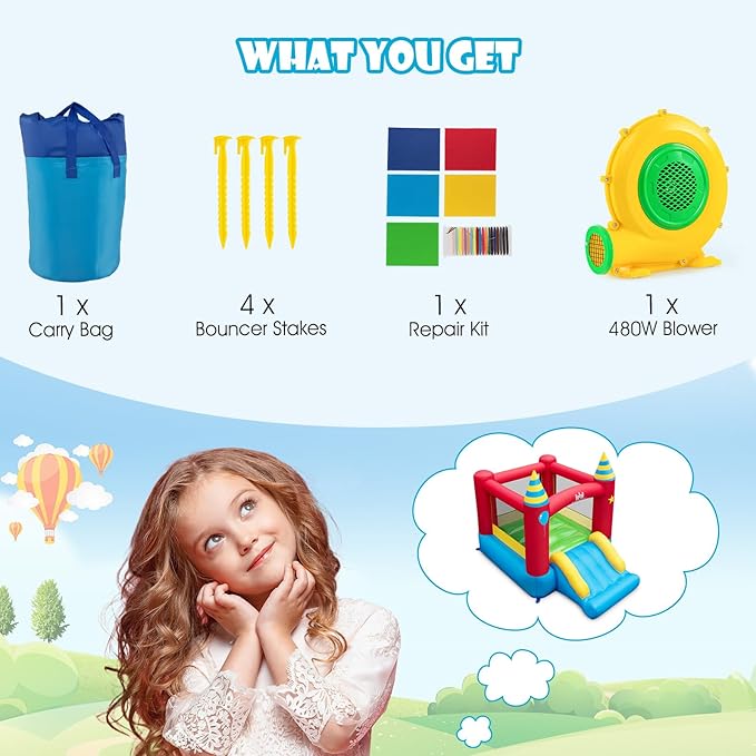 BOUNTECH Inflatable Bounce House, Bouncy House for Kids 3-10 Indoor Outdoor Family with Large Jumping Area, Slide, 480w Blower, Mini Bounce House for Toddler Boys Girls Birthday Backyard Party Gifts