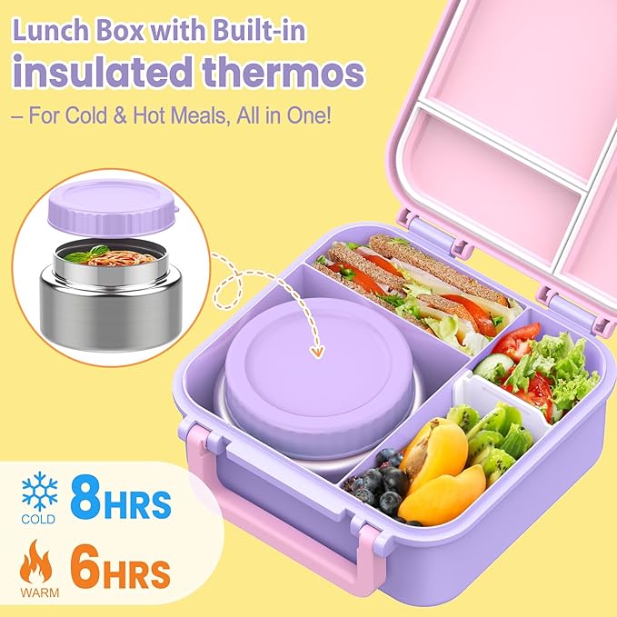 Bento Lunch Box for Kids with 9oz Thermo, Leak-proof Lunch Containers with 3 Compartments,Kids-friendly Size,Durable/Dishwasher Safe Lunch Box for School Outdoors Purple-Pink